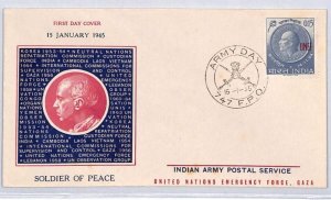 INDIA FDC ARMY DAY *UNEF GAZA* Palestine FPO.747 Soldier of Peace 1965 ZV201