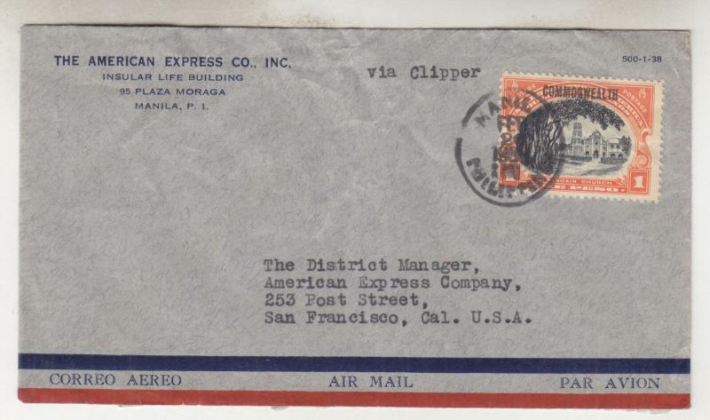 PHILIPPINES, 1940 Airmail cover, VIA CLIPPER, Manila to USA, 1p.