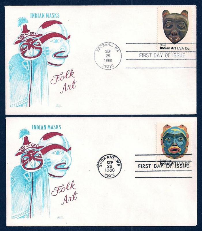 UNITED STATES FDCs (4) 15¢ Indian Masks 1980 Bazaar