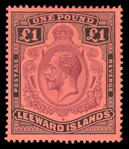 Leeward Is 1928 KGV £1 purple & black/red BREAK IN SCROLL variety VFM. SG 80a.