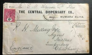 1903 Nuwara Eliya Colombo Ceylon Central Dispensary cover To England