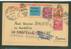 US 806/829 1940 2c Adams + 25c McKinley prexies upgraded this 3c reply postal card sent airmail from New York City to France (30