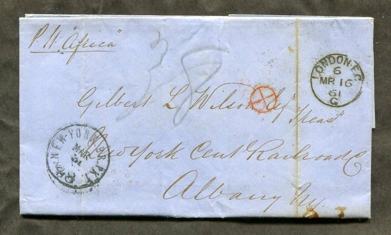 p523 - GB 1861 Folded Cover / Folded Letter SFL to USA. Railroad. Packet Africa