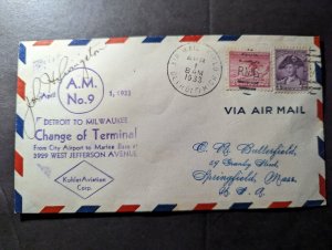 1933 USA Airmail AM No 9 Pilot Signed Detroit MI to Springfield MA