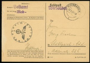 Germany Wiesbaden to Stuttgart Feldpost Postal Card 1943 Europe WWII