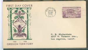 US 783 1936 3c Oregon Territory/100th Anniversary (single) on an addressed (typed) FDC with a Louis Breker cachet