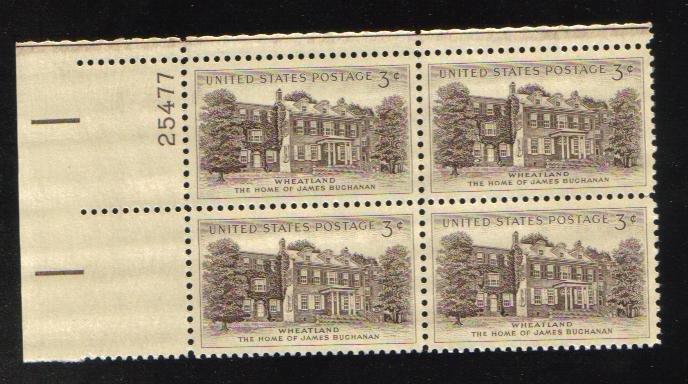 #1081 MNH Plate Block 4 3c Wheatland 1956 Issue