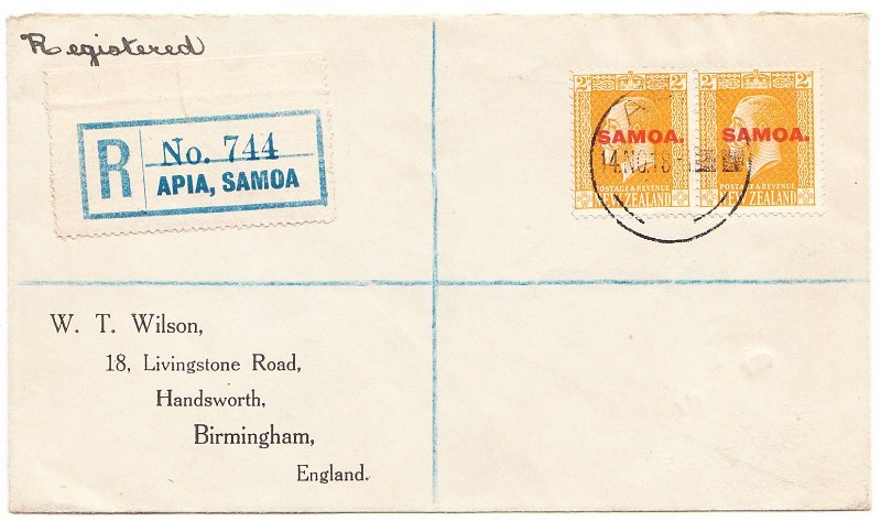 SAMOA registered cover, Apia, 14 Nov.  1918 - backstamped Liverpool