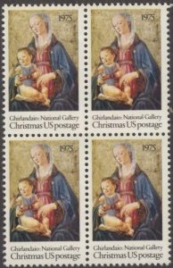 1975 Ghirlandaio Madonna Block Of 4 10c Postage Stamps, Sc# 1579, MNH, OG