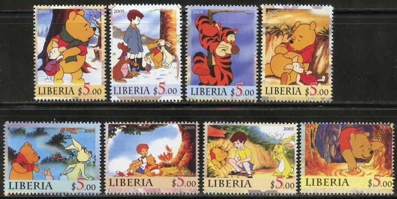 LIBERIA WINNIE THE POOH 50TH ANN OF DISNEYLAND SET OF 8  MINT  NH