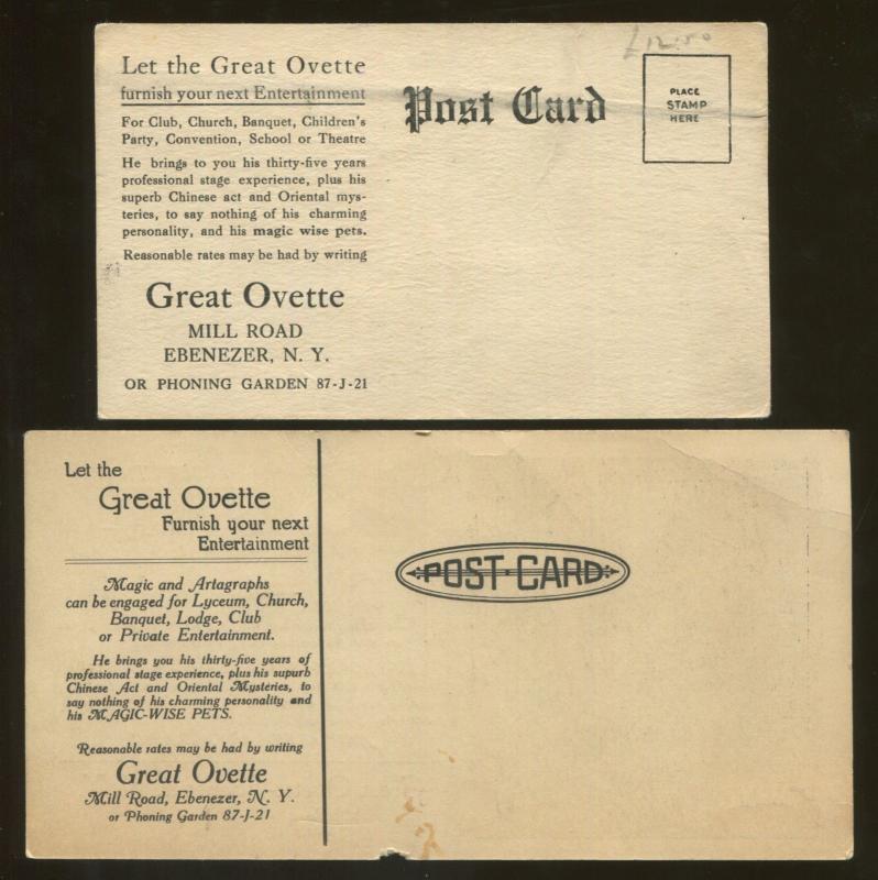 Lot of 2 Magic Illusionist Magician The Great Ovette Ebenezer Post Cards