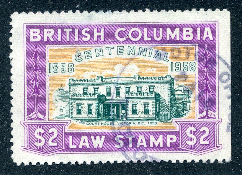 van Dam BCL50 - $2 magenta - Used - British Columbia Law Stamp - 1958 Centen...