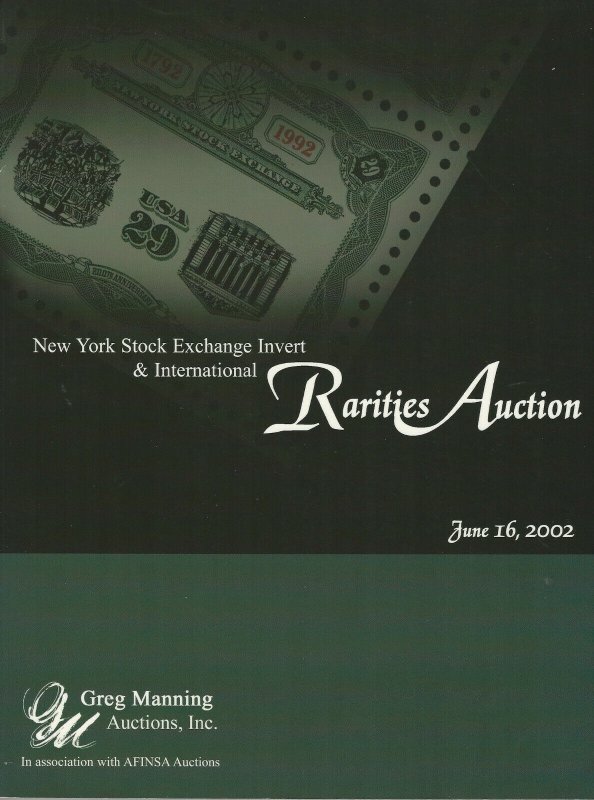 N.Y. Stock Exchange Invert & Rarities, Greg Manning Inc. Auctions, June 16, 2002