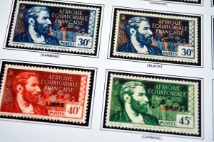 COLOR PRINTED FRENCH EQT. AFRICA 1936-1958 STAMP ALBUM PAGES (30 illustr. pages)