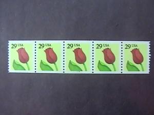 U.S.# 2526-MINT/NH-PLATE # COIL STRIP OF 5(P#S2222)--TULIP--1991