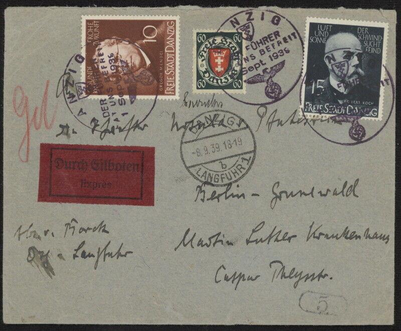 Danzig 238, 239 & 189 on 1939 special delivery cover w/special cancels to Berlin