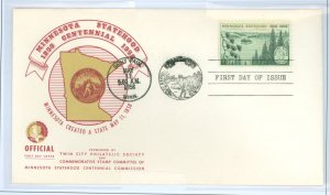 US 1106 1958 Minnesota Statehood Centennial, unaddressed, unsealed FDC, 1st cachet Minnesota Territorial Centennary & Twin City
