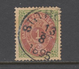 Danish West Indies Sc 5a used 1874 1c green & rose lilac Numeral, toned, thin,