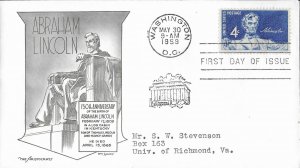 1959 FDC, #1116, 4c Abraham Lincoln, Aristocrats-Lowry, single/pair/block of 4