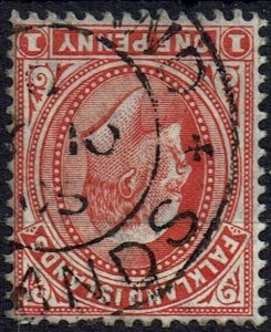 FALKLAND ISLANDS SG44aw 1904 1d VERMILION WMK INV USED (d)