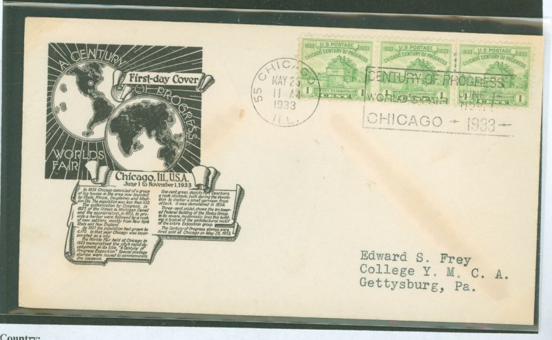 US 728 1933 1c Fort Dearborn (Century of Progress/World's Fair) strip of three on an addressed (typed) FDC with an Ander...