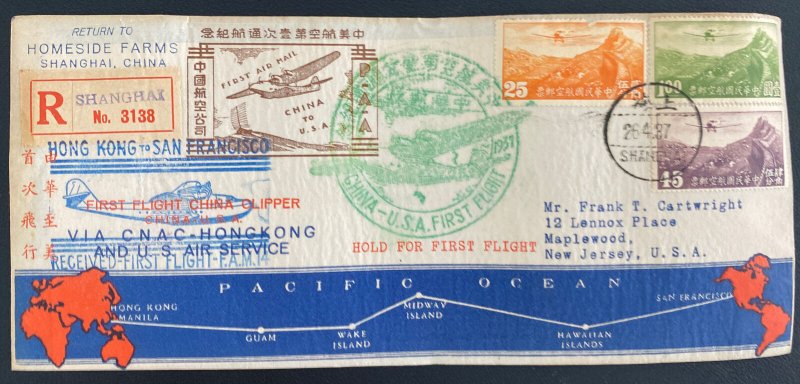 1937 Shanghai China CNAC Clipper First Flight Airmail Cover to Maplewood NJ USA