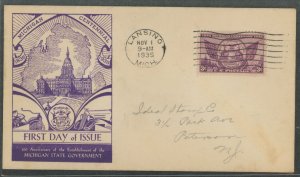 US 775 1935 3c Michigan State Centennial on an addressed first day cover with a Dyer cachet.