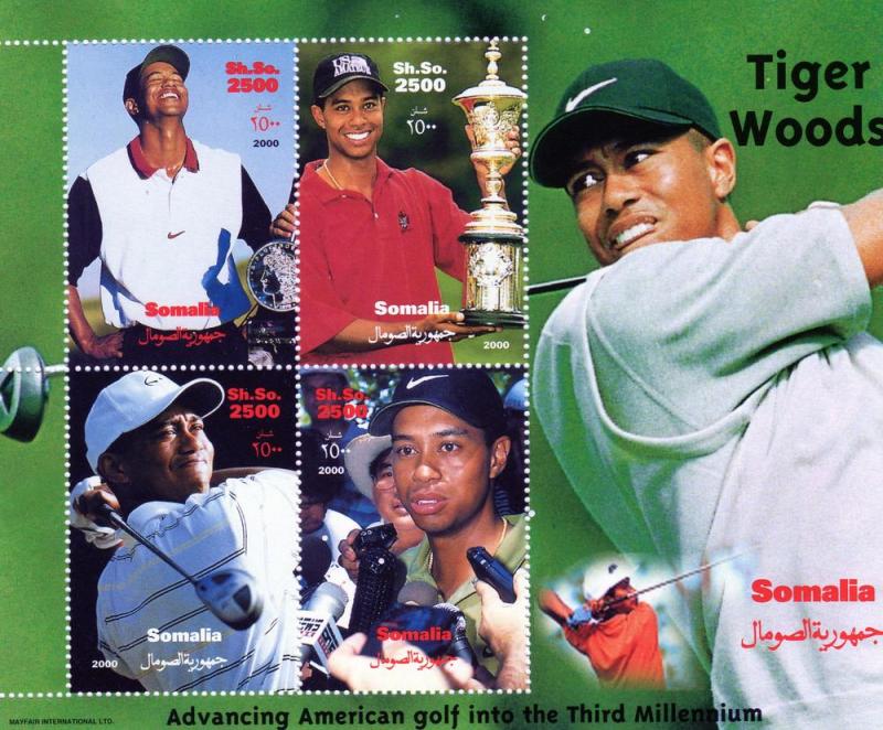 SOMALIA 2000 Tiger Woods Advancing American Golf Shlt(4)MNH 