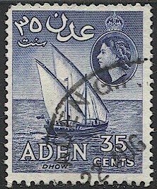 ADEN 1958 Sc 52a Used QE 35c deep blue Perf 12 x 13 1/2  VF, Dhow / Boat