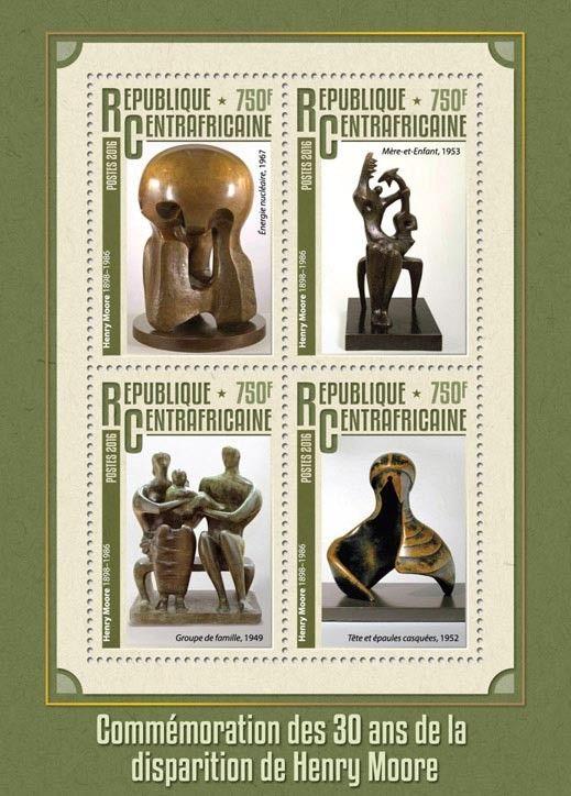 Central African Republic 2016 MNH Henry Moore 30th Memorial 4v M/S Art Stamps