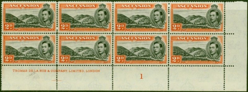 Ascension 1949 2d Black & Red-Orange SG41b P.14 V.F MNH Imprint Corner Block ...