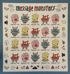 Sc 5636-5639 “message monsters” Pane of 20 US Forever Stamps MNH 2021