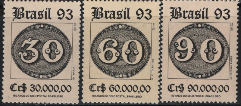 BRAZIL, 2411-2413, MNH, 1993, 1ST BRAZILIAN POSTAGE STAMPS