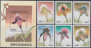 GUINEA Sc# 1375-81  CPL MNH SET of 6 and SOUVENIR SHEET of ORCHIDS