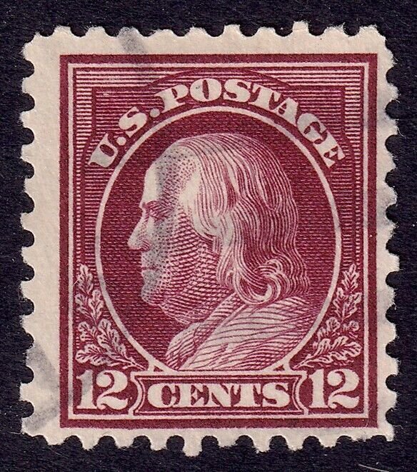 US Scott 474, 1916 Franklin, 12c claret brown, FINE USED *Lightly Cancelled*