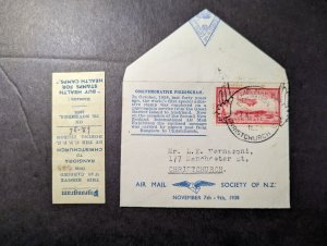 1938 New Zealand Airmail Pigeongram Cover Rangiora to Christchurch 169 of 500