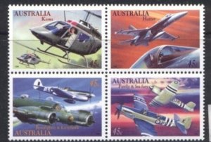 Australia Scott 1481-1484 MNH, 1996 issue, Military Aviation, set of 4 in block