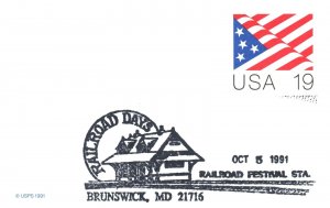 US SPECIAL PICTORIAL CANCEL POSTAL CARD RAILROAD DAYS FESTIVAL BRUNSWICK MD 1991