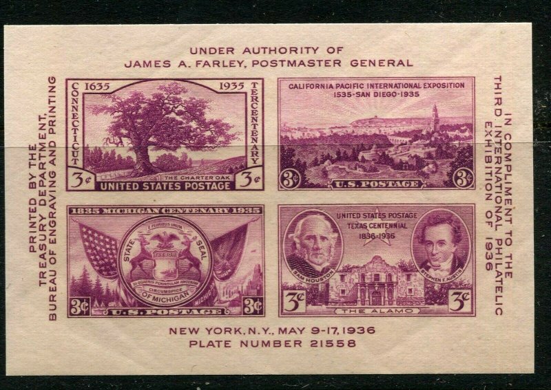 3c TIPEX Mint Never Hinged Souvenir Sheet-Scott #778-Issued 1936