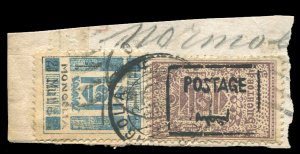 Mongolia #18a,33, 1926 5c plum, black overprint and 20m blue, used on piece