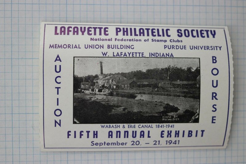 Lafayette IN Philatelic Society Wabash Erie Canal Exhibit Bourse expo Label 1941