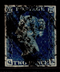 GB QV SG4, SCARCE 2d deep full blue, USED. Cat £2000. 1844 POSTMARK QB