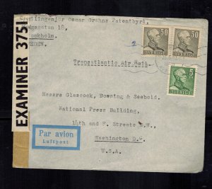 1942 Sweden Cover Censored Transatlantic Mail to USA