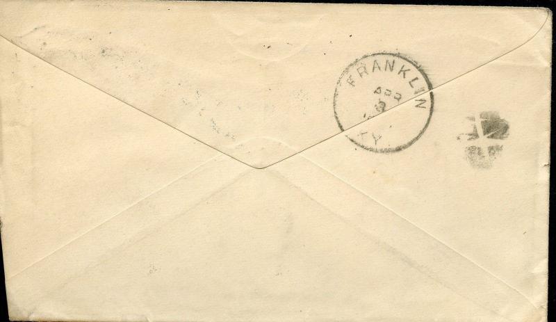 US GARDEN CITY, KY 3/24/1888 2C RATE ADVERTISING COVER TO FRANKLIN, KY AS SHOWN