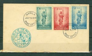 PHILIPPINES 1946 INDEPENDANCE  #500-502 SET on FDC