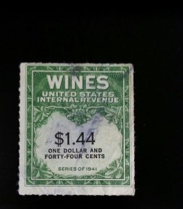 1942 $1.44 United States Internal Revenue Cordial & Wine, Green Scott RE147 Used