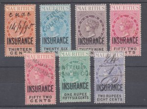 Mauritius Bft 28-34 used. 1879 Insurance revenues, 7 different, sound, VF.