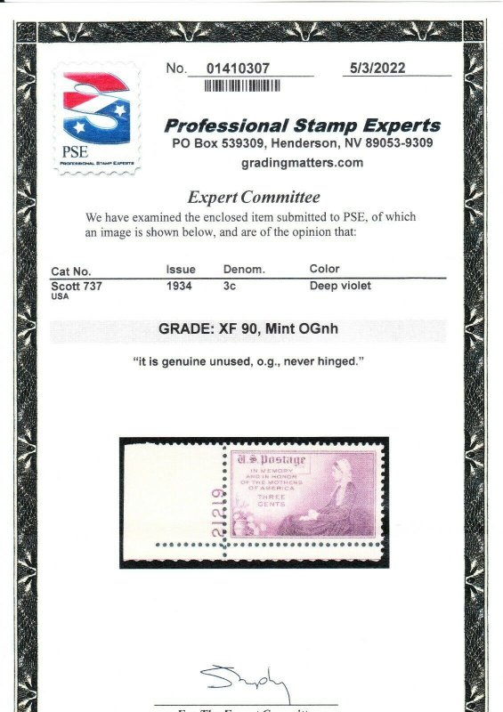 MOstamps - US #737 Mint OG NH Graded XF 90 with PSE Cert - Lot # MO-3529 SMQ $18 