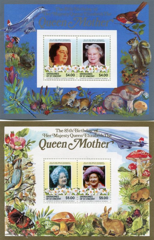 Grenadines St.Vincent 1985 QUEEN MOTHER BIRTHDAY (2) s/s Perforated Mint (NH)
