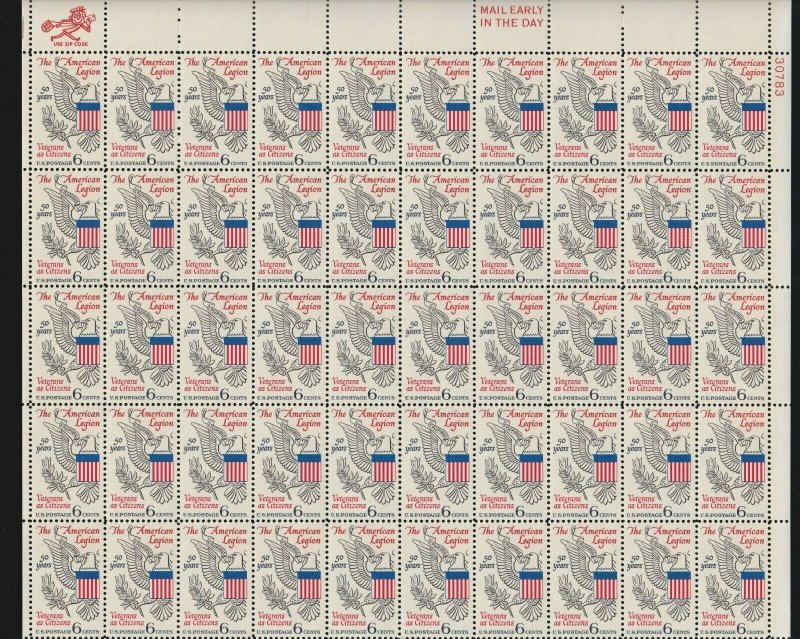 US 1369 6c Join The American Legion Mint Stamp Sheet OG NH